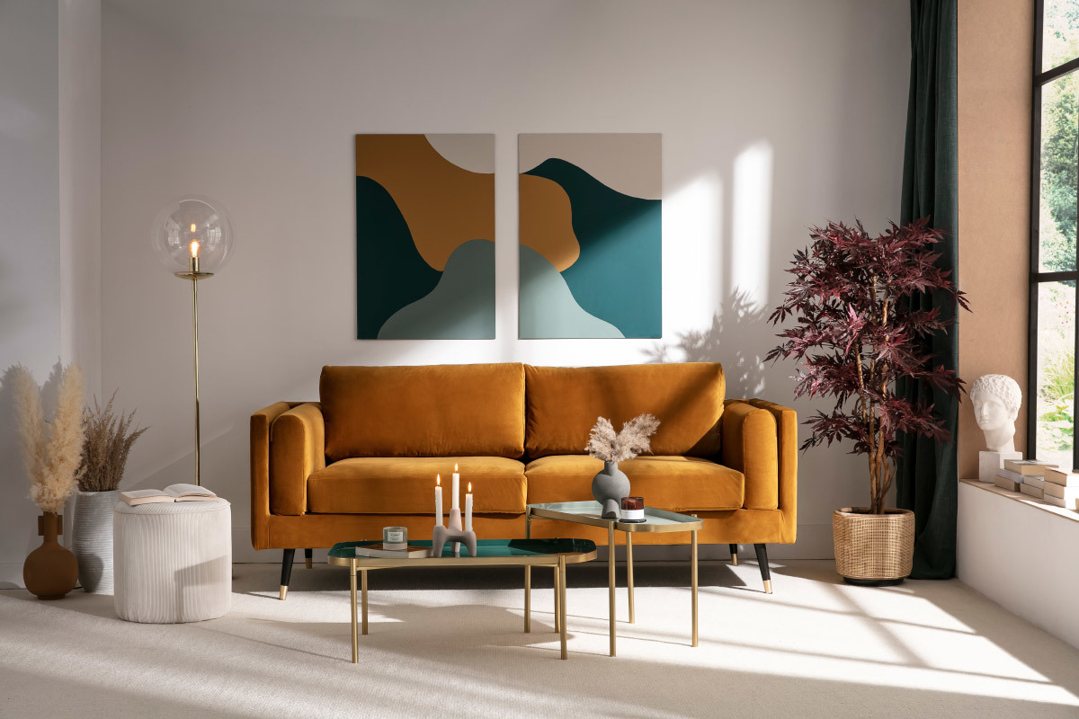Divano design 3 posti in velluto giallo STING