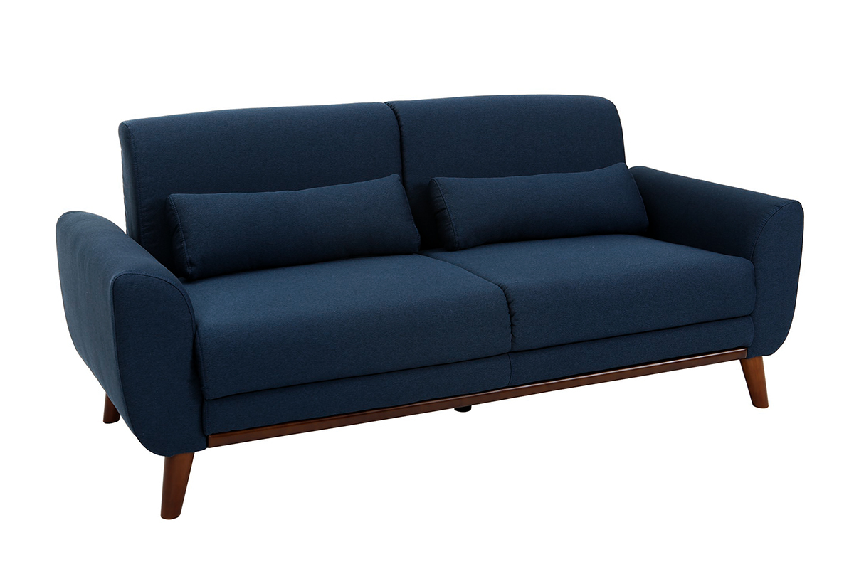 Divano design 3 posti tessuto blu piedi in quercia EKTOR