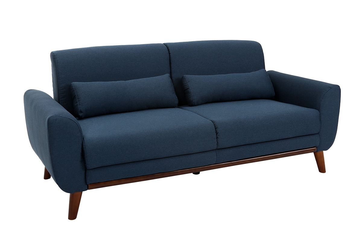 Divano design 3 posti tessuto blu piedi in quercia EKTOR