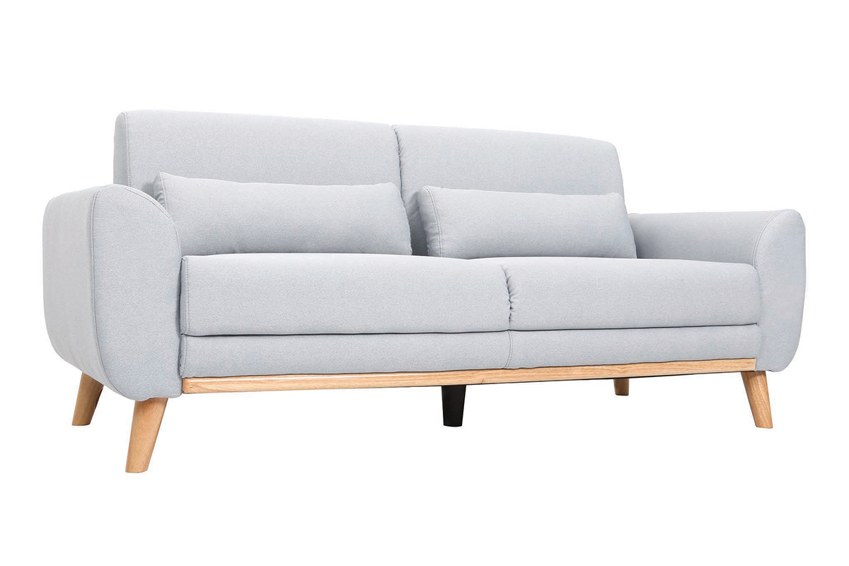 Divano design 3 posti tessuto grigio chiaro piedi in quercia EKTOR