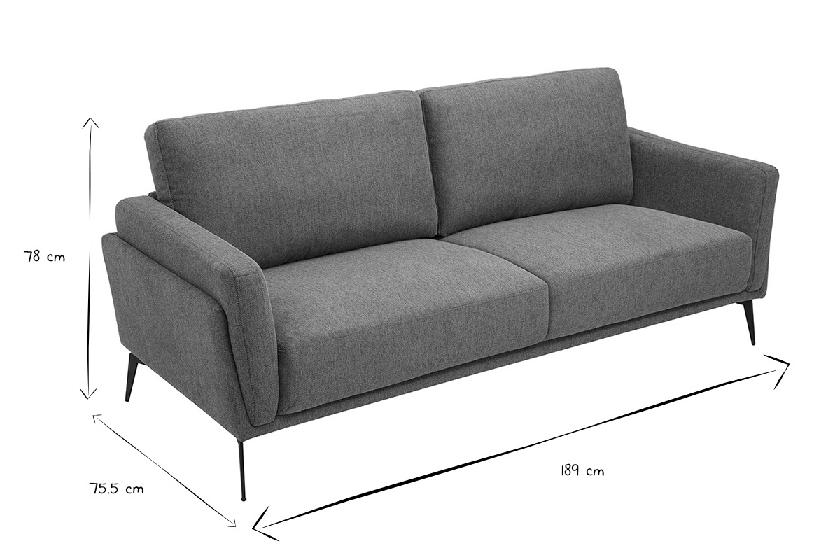 Dimensioni del divano di design 3 posti MOSCO in bianco e nero, lungo 189 cm, largo 75,5 cm, alto 78 cm.