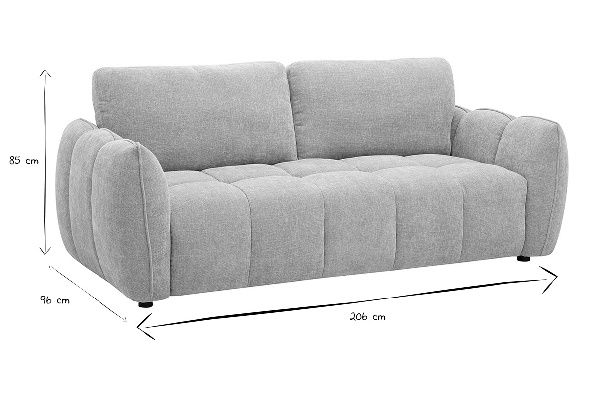 Dimensioni del divano design a 3 posti: L206 x P96 x H85 cm in bianco e nero.