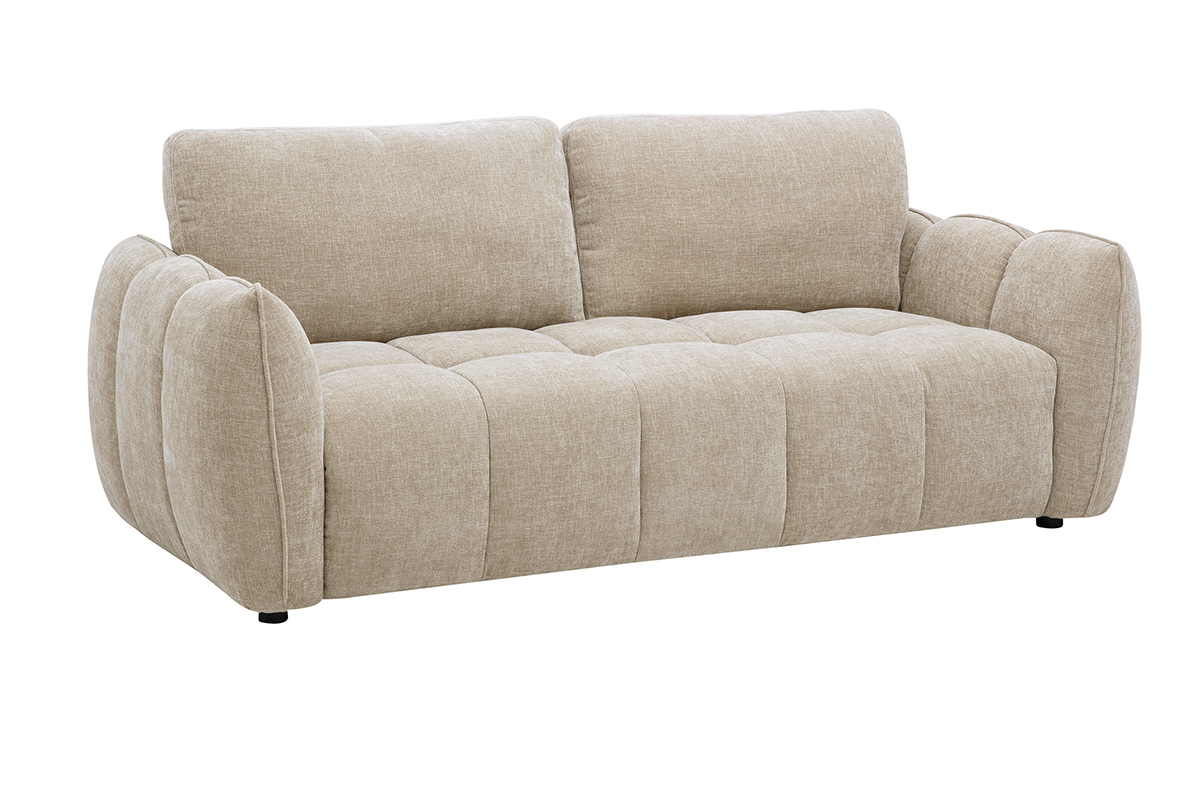 Divano di design a 3 posti tortora, vista a 3/4, con seduta capitonn� e forme arrotondate.