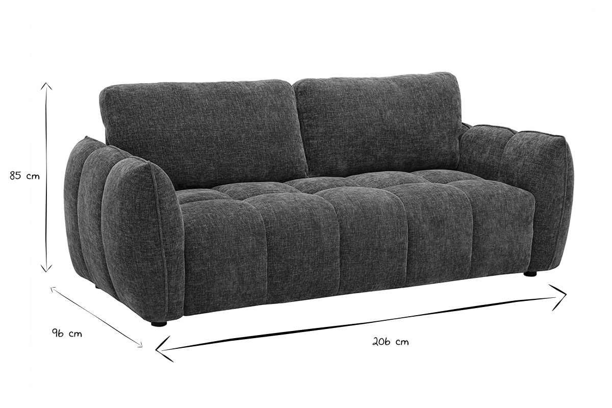Dimensioni del divano design a 3 posti: 206 cm di lunghezza, 96 cm di profondit�, 85 cm di altezza in bianco e nero.