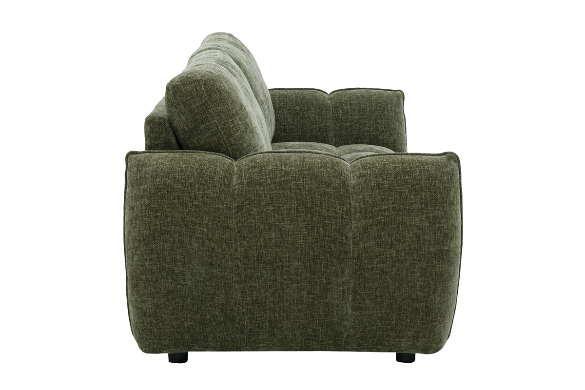 Divano di design a 3 posti verde kaki, vista di profilo con seduta capitonn�.