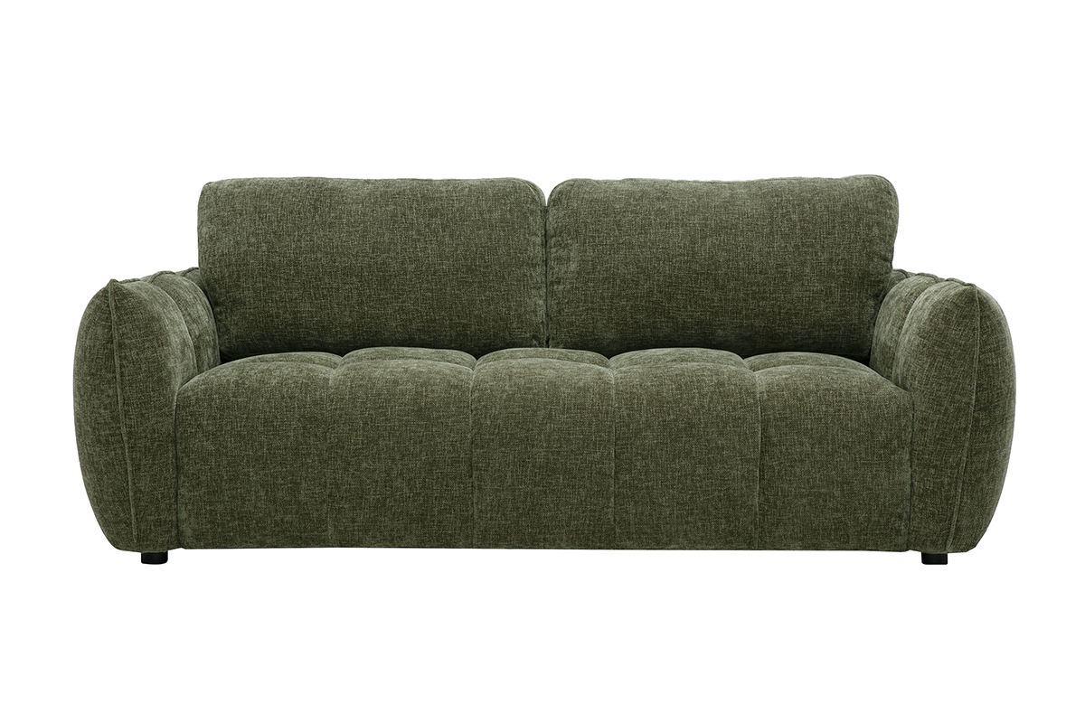 Divano di design a 3 posti in tessuto effetto velluto testurizzato verde kaki, vista frontale.