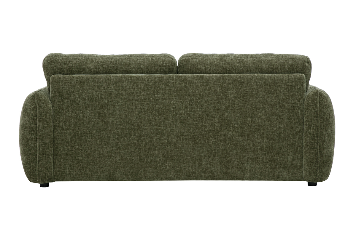 Divano design a 3 posti in tessuto effetto velluto testurizzato verde kaki, vista da dietro.