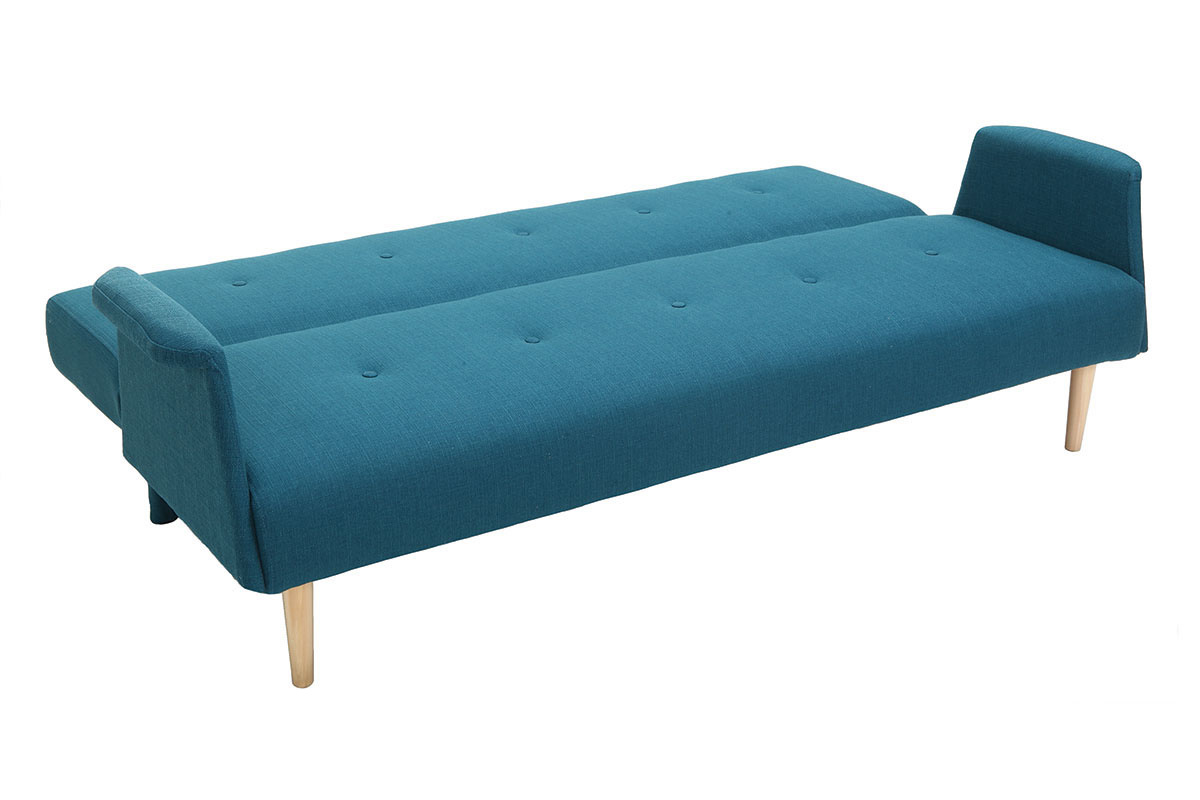 Divano letto scandinavo a 3 posti blu petrolio con piedini in legno chiaro, vista a 3/4.