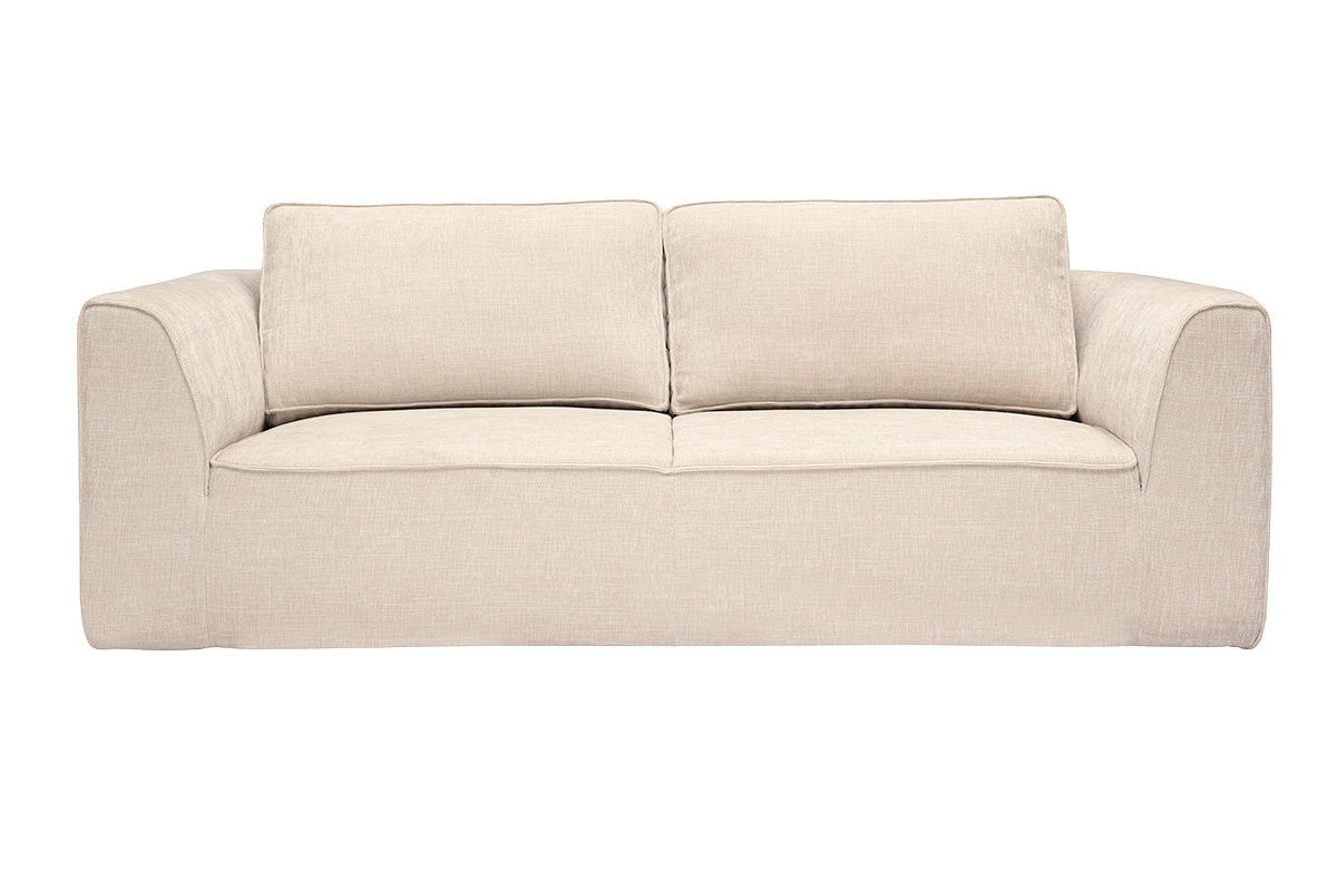 Divano a 3 posti beige in tessuto effetto velluto testurizzato, vista frontale