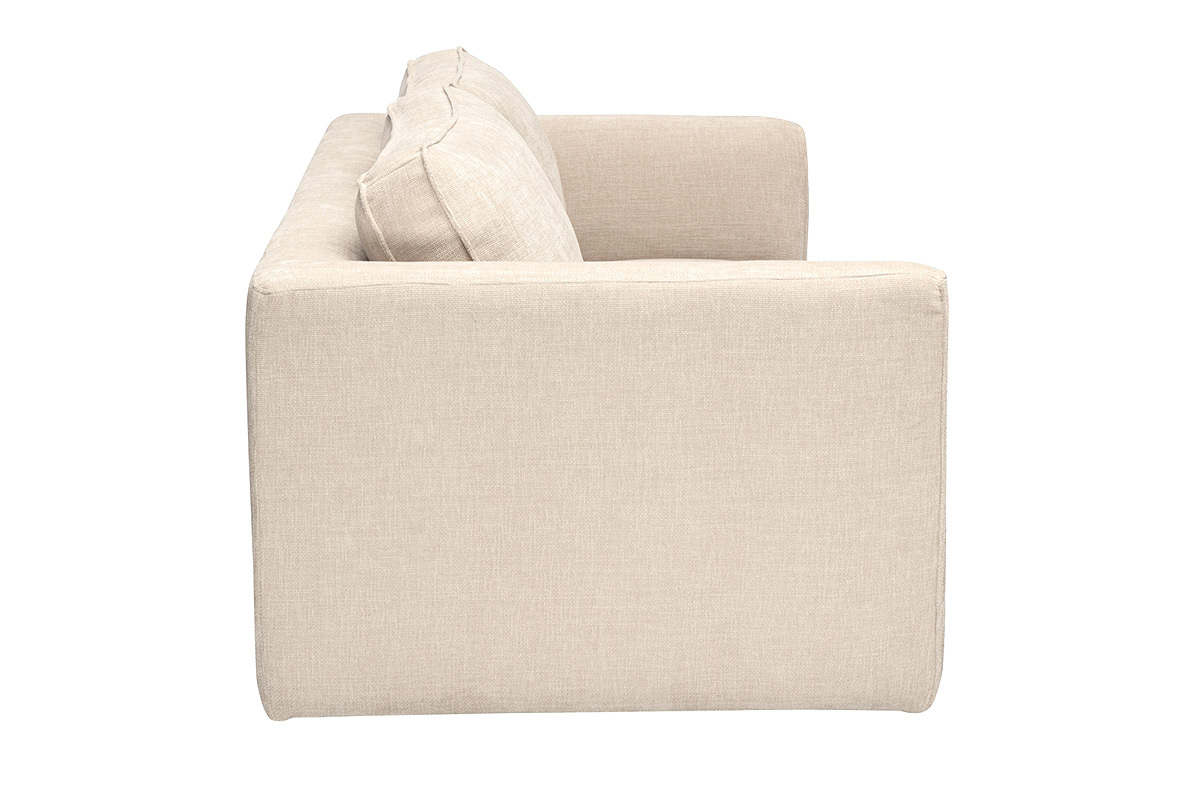 Divano design 3 posti in tessuto effetto velluto testurizzato beige, vista di profilo