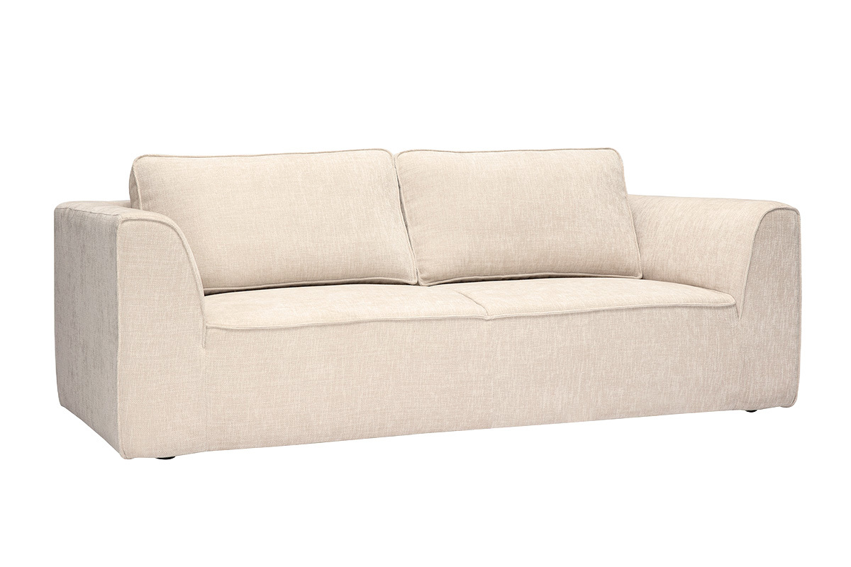 Divano di design a 3 posti in tessuto effetto velluto testurizzato beige, vista a 3/4