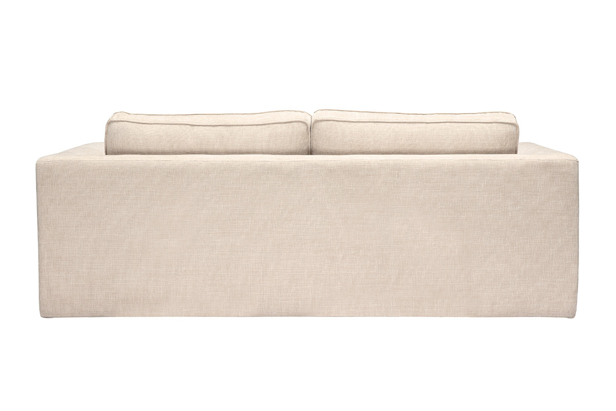 Divano di design in tessuto effetto velluto testurizzato beige, vista posteriore, 3 posti, stile contemporaneo.