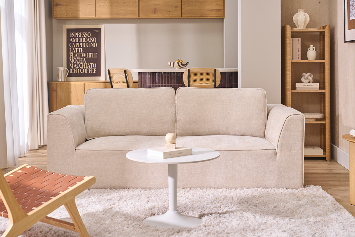 Divano design in tessuto effetto velluto strutturato beige 3 posti GRAMMY
