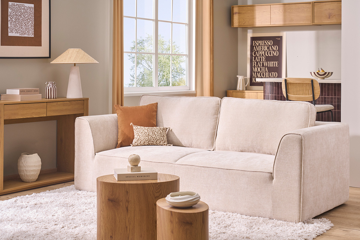 Divano design in tessuto effetto velluto strutturato beige 3 posti GRAMMY