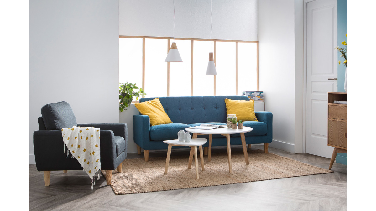 Divano design scandinavo 3 posti tessuto blu anatra LUNA