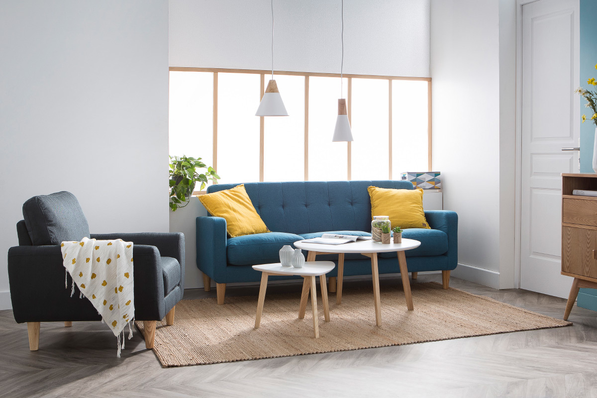 Divano design scandinavo 3 posti tessuto blu marino LUNA