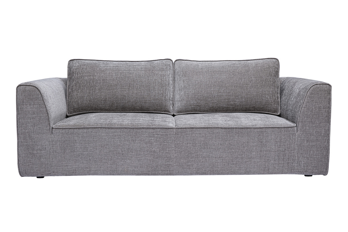 Divano design a 3 posti in tessuto effetto velluto testurizzato grigio, vista frontale.