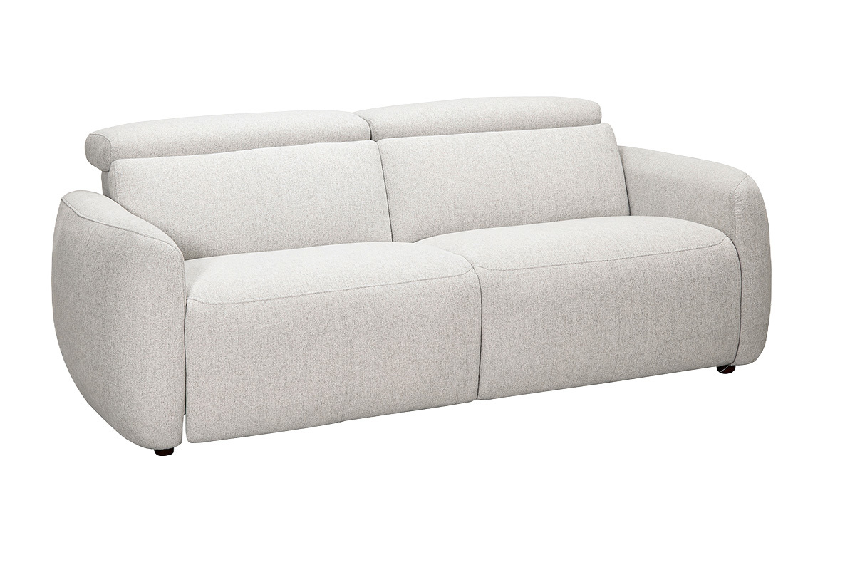 Divano elettrico a 3 posti beige con poggiatesta regolabili, vista a 3/4