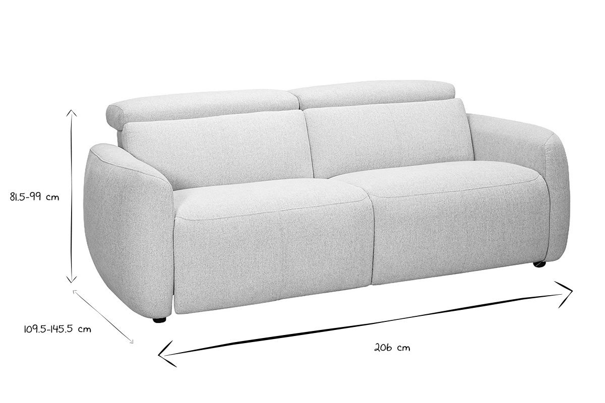 Dimensioni del divano elettrico a 3 posti MORZINE in nero e bianco, L206 x P109,5-145,5 x H81,5-99 cm.
