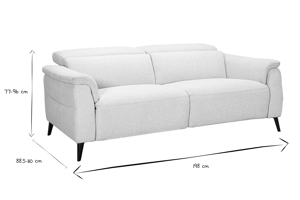 Dimensioni del divano elettrico a 3 posti, alto 77-96 cm, profondo 88,5-110 cm, largo 198 cm, in bianco e nero.