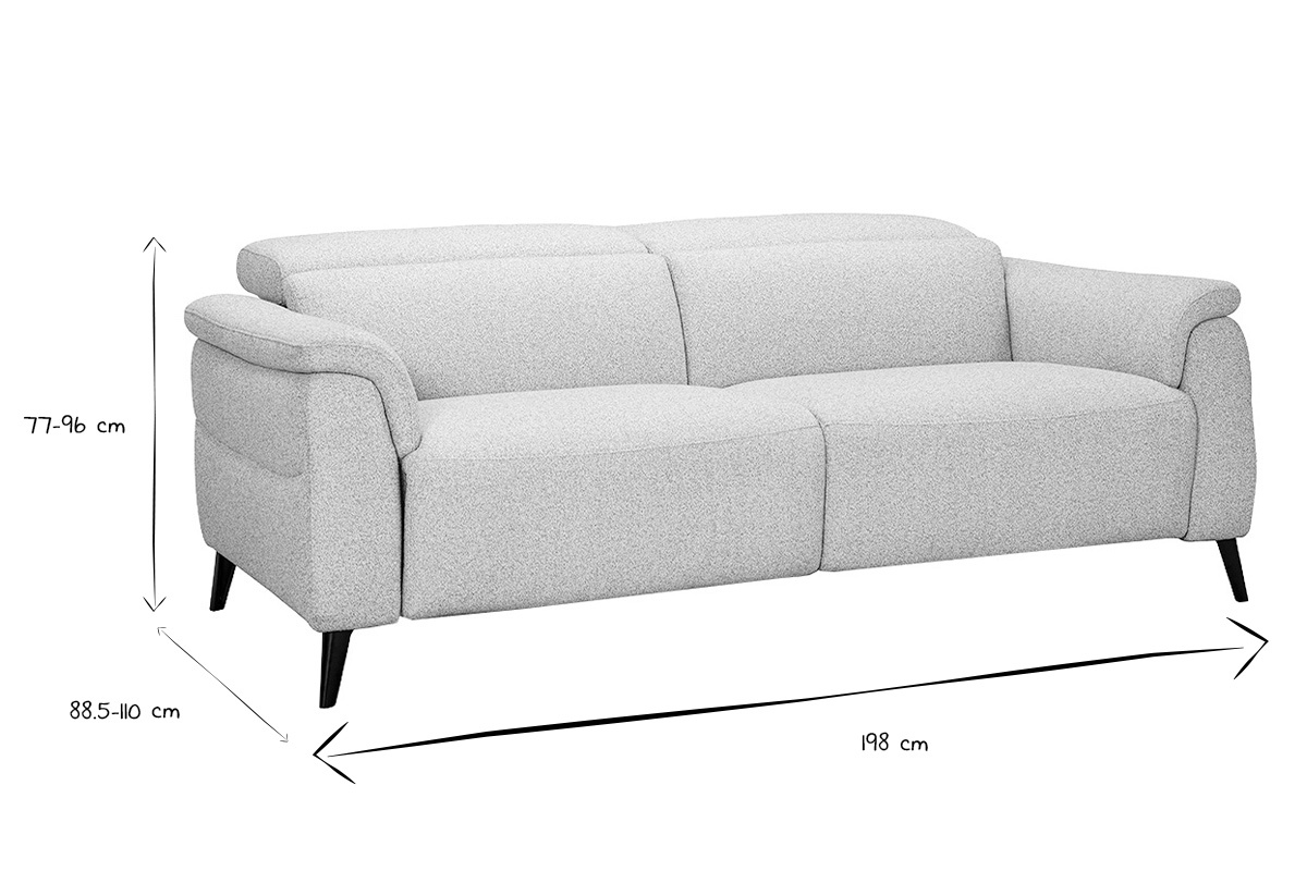 Dimensioni del divano elettrico a 3 posti in bianco e nero, altezza 77-96 cm, profondit� 88,5-110 cm, larghezza 198 cm.