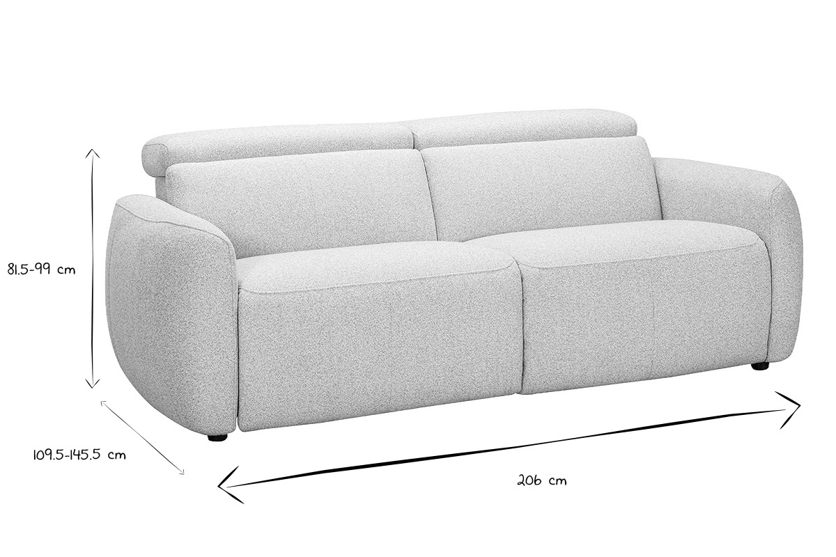 Dimensioni del divano elettrico a 3 posti in bianco e nero, L206 x P109,5-145,5 x H81,5-99 cm.