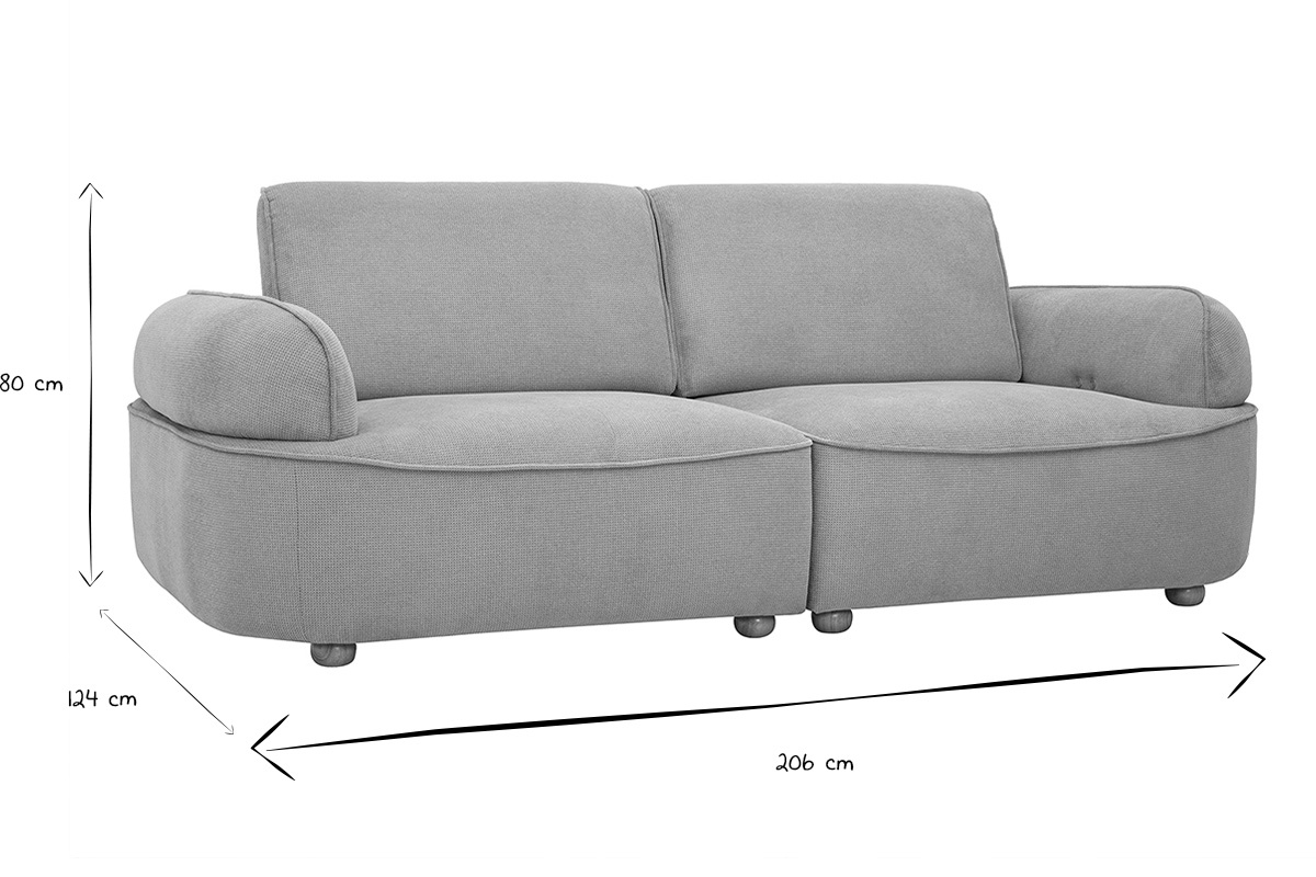 Dimensioni del divano 3 posti OTIS: 206 cm di lunghezza, 124 cm di profondit�, 80 cm di altezza, in bianco e nero.