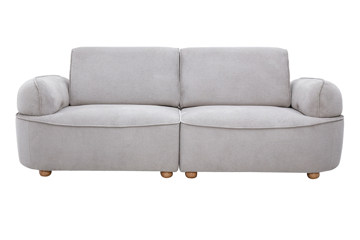 Divano a 3 posti elettrico in tessuto chenille grigio, vista frontale, piedini in legno chiaro.
