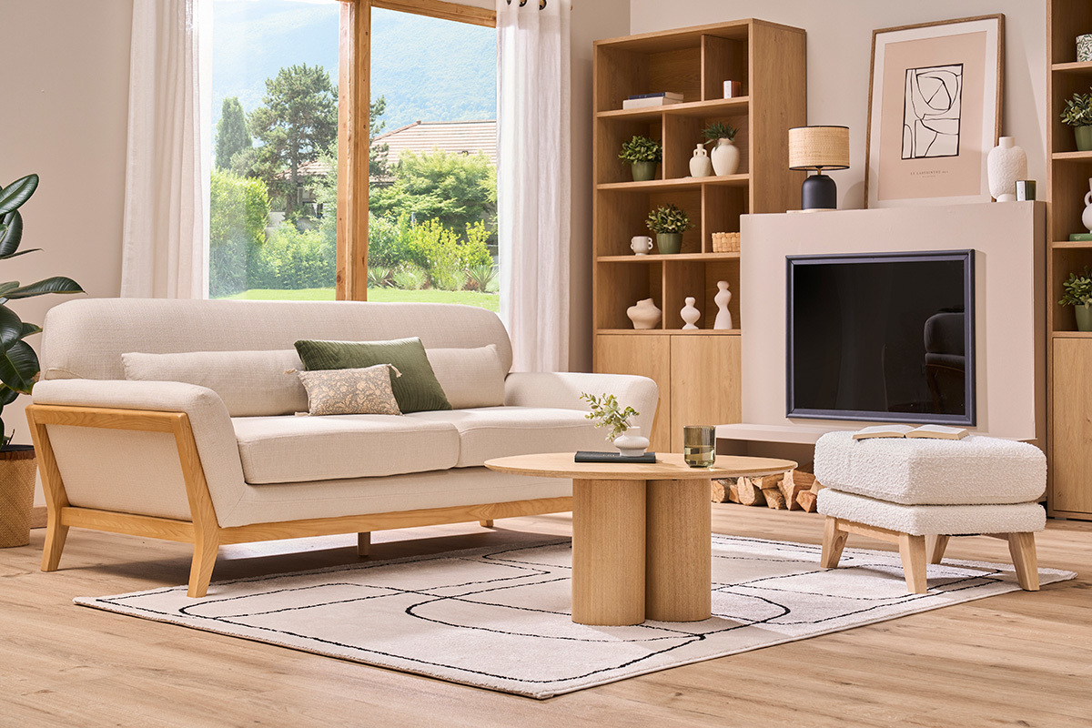 Divano in stile scandinavo 3 posti beige con piedini in legno YOKO