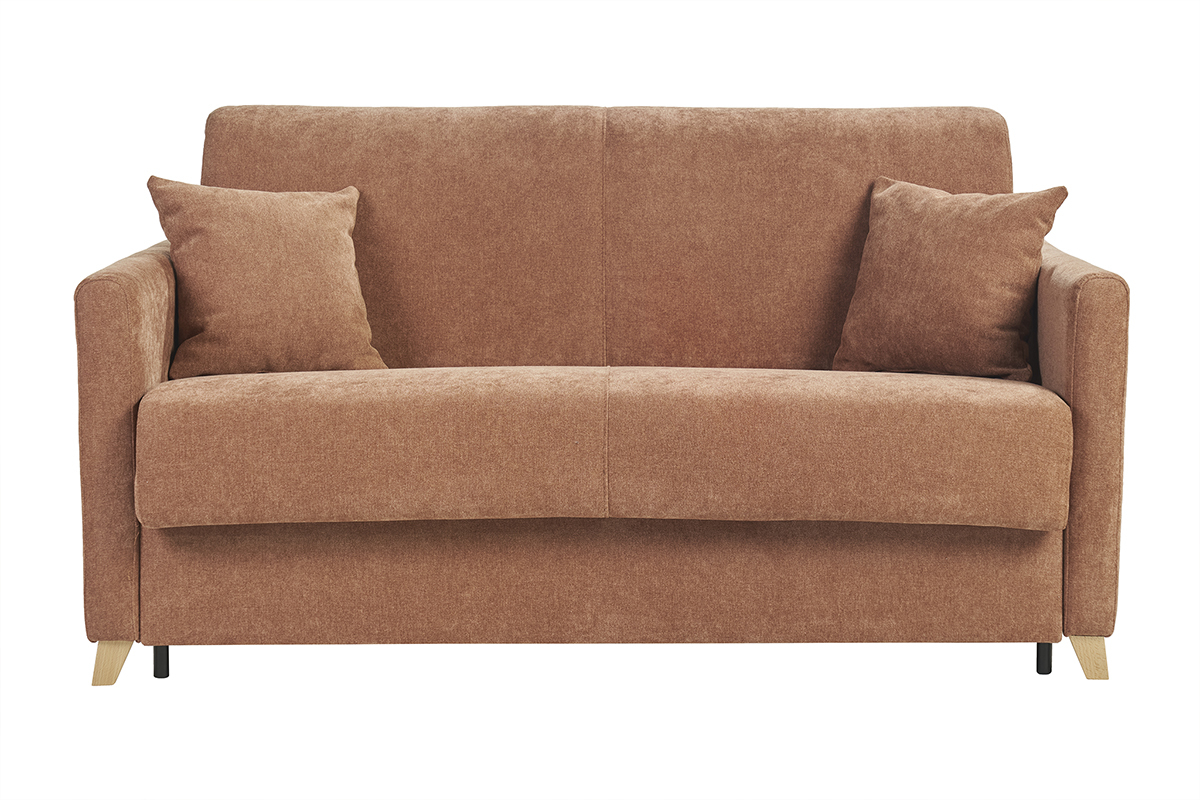 Divano letto 2-3 posti effetto velluto terra bruciata, vista frontale.