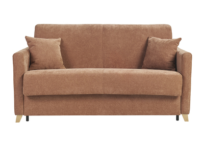 Divano letto 2-3 posti in tessuto effetto velluto terra bruciata e legno chiaro con materasso 13 cm SKANDY