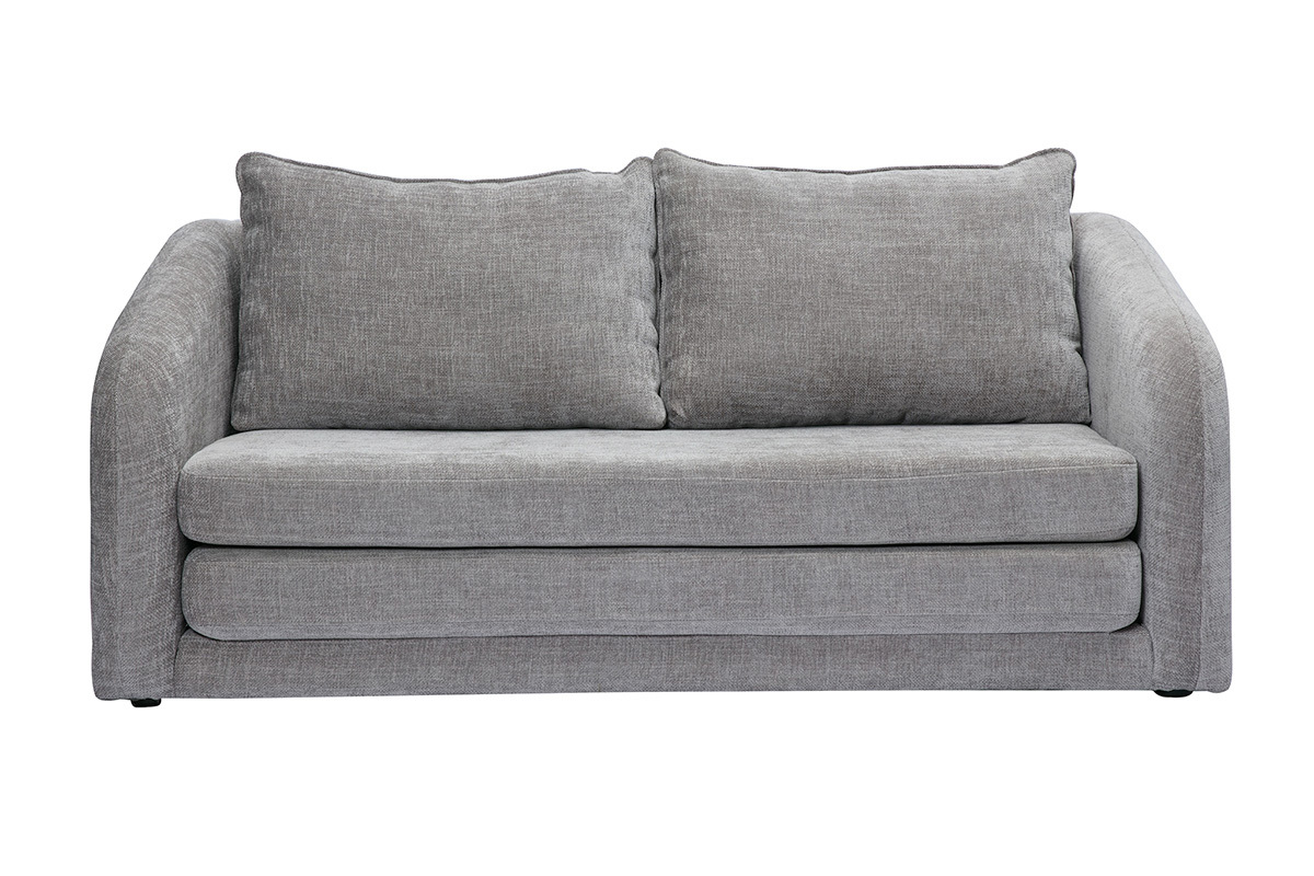 Divano letto 2 posti grigio in tessuto effetto velluto, vista frontale.