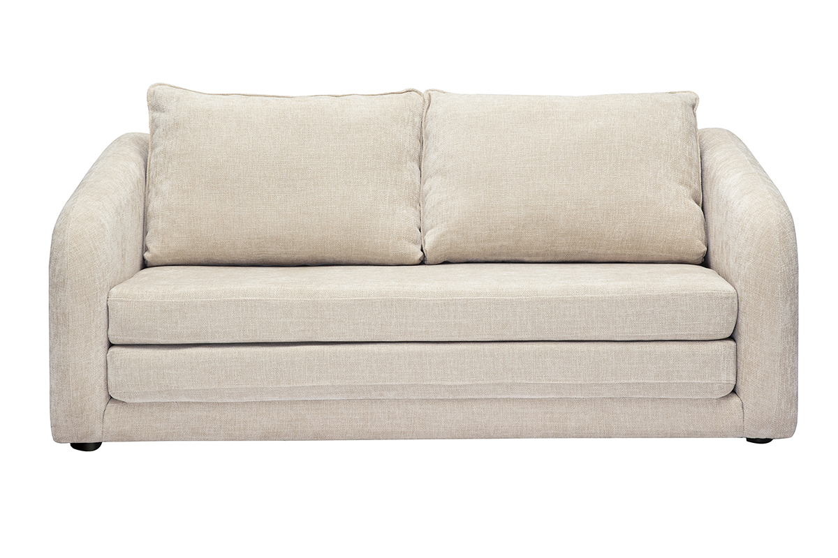 Divano letto a 2 posti in tessuto beige, vista frontale.