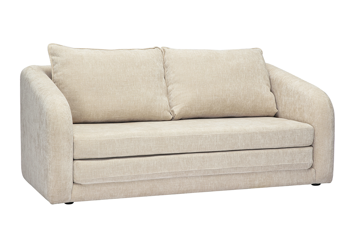 Divano letto 2 posti in tessuto effetto velluto beige con cuscini, vista da 3/4.