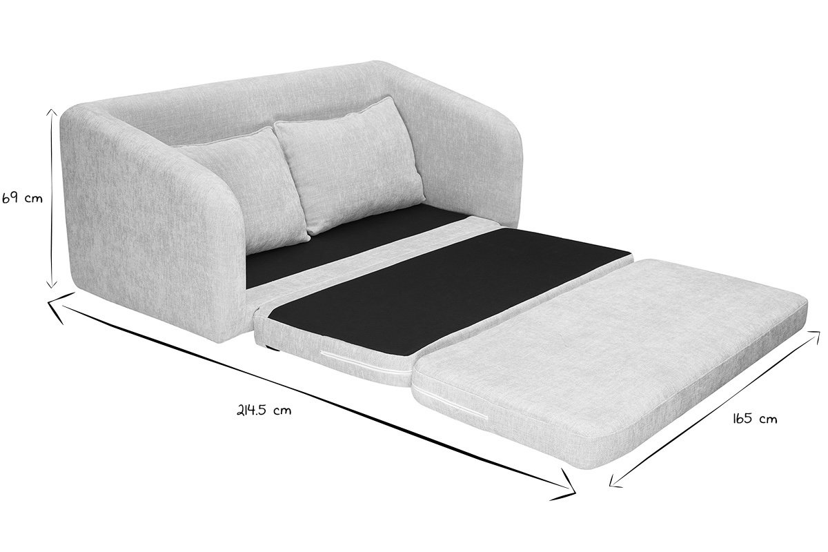 Divano letto MAHAUT in posizione letto, vista laterale con dimensioni illustrate.