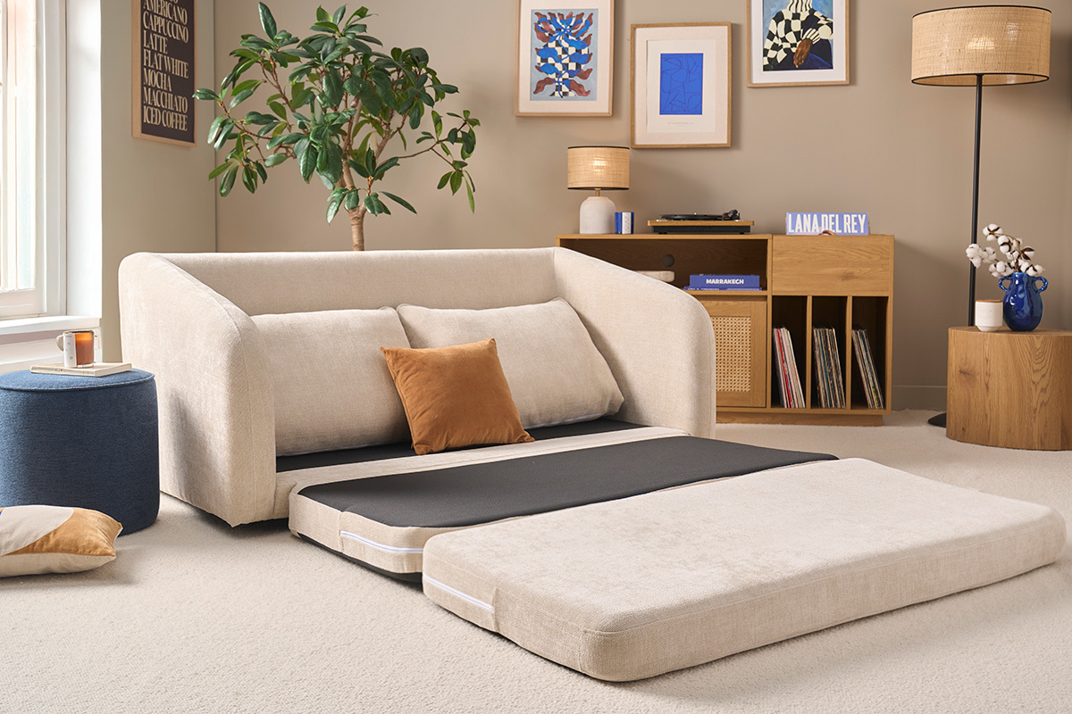 Divano letto 2 posti in tessuto effetto velluto testurizzato beige MAHAUT