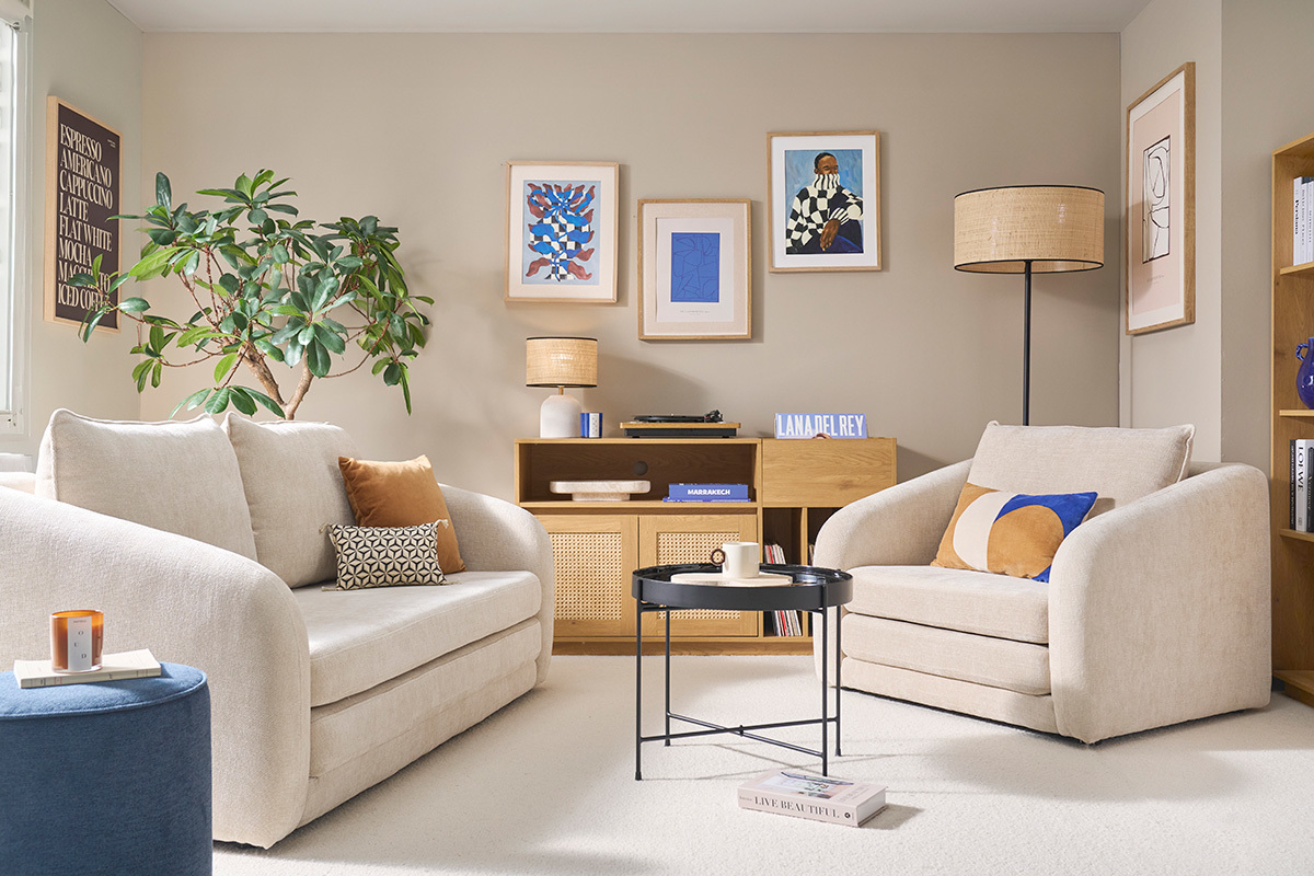 Divano letto 2 posti in tessuto effetto velluto testurizzato beige MAHAUT