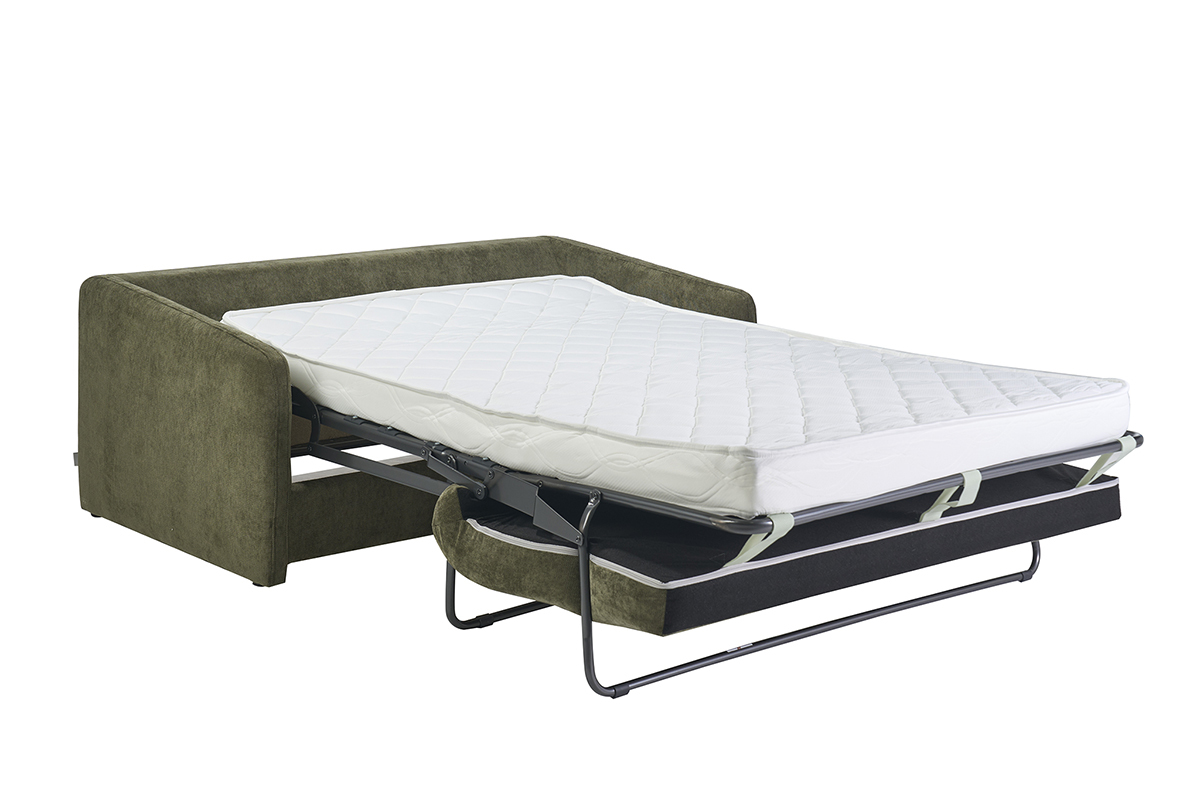 Divano letto a 2 posti verde kaki, vista 3/4 con materasso aperto.
