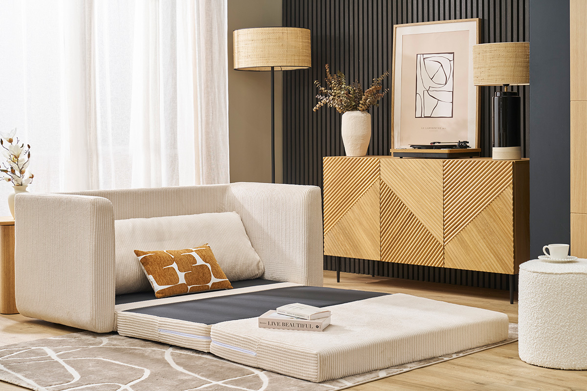 Divano letto 2 posti in velluto a coste beige LEON