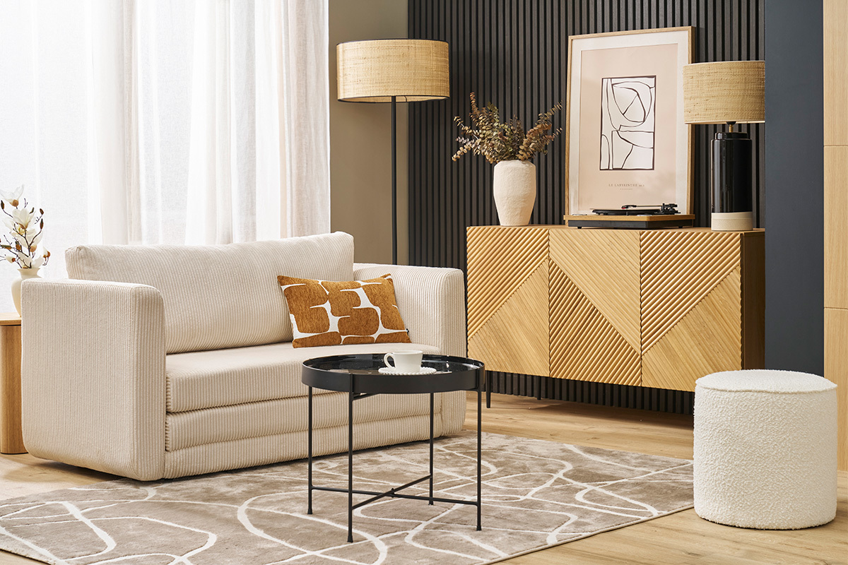 Divano letto 2 posti in velluto a coste beige LEON