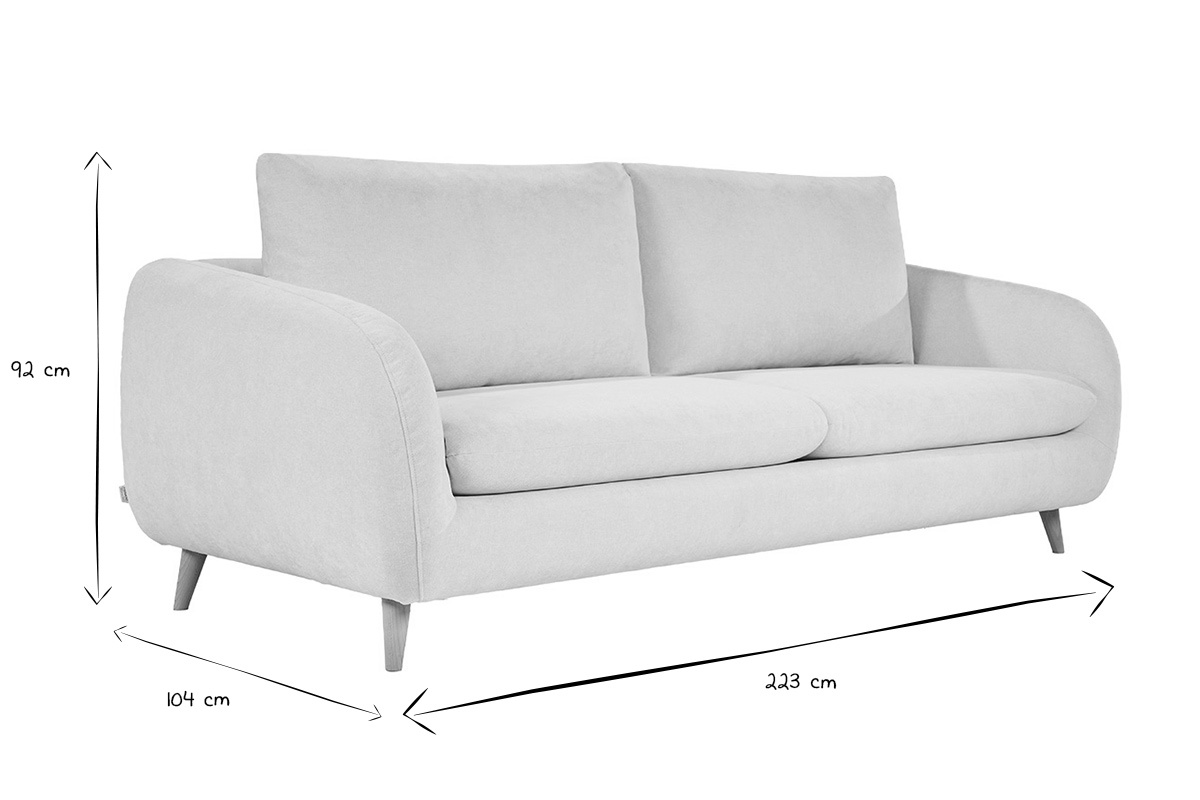 Dimensioni del divano letto in bianco e nero, 92 cm di altezza, 104 cm di profondit�, 223 cm di larghezza.