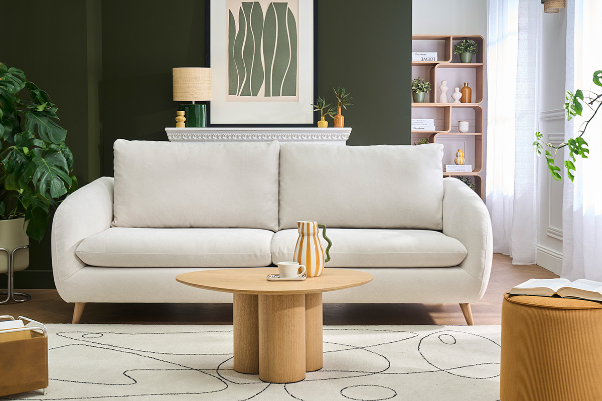 Divano letto 3-4 posti in tessuto effetto velluto beige con materasso 10 cm LEANDRE