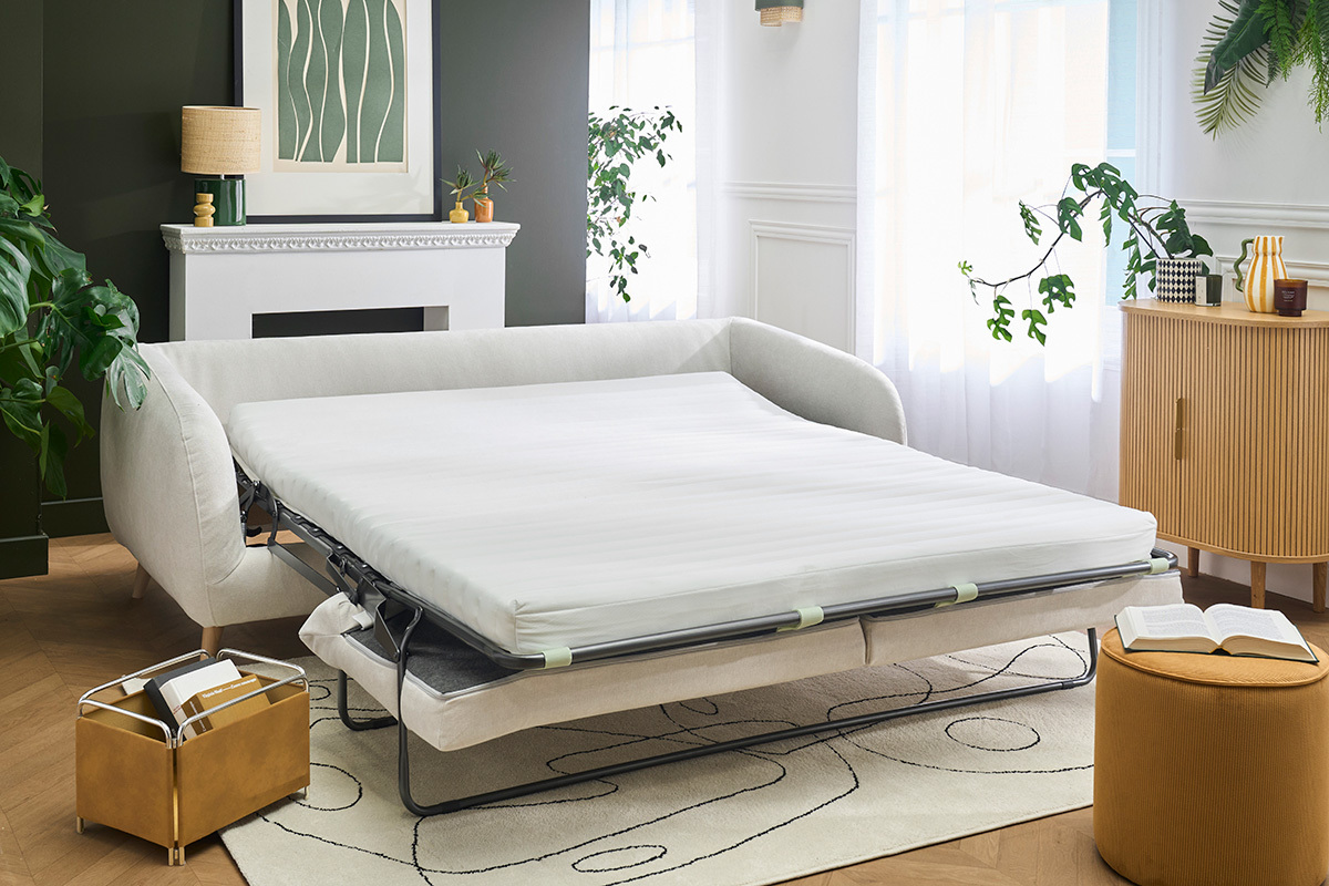 Divano letto 3-4 posti in tessuto effetto velluto beige con materasso 10 cm LEANDRE