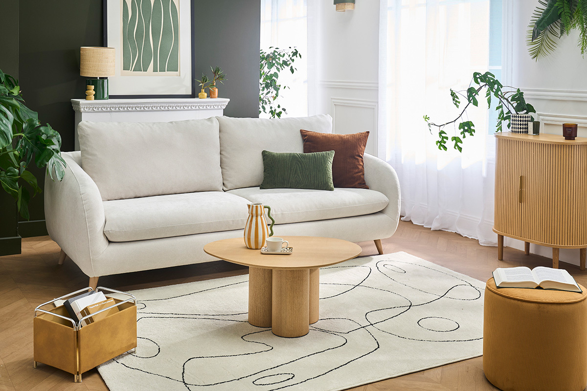Divano letto 3-4 posti in tessuto effetto velluto beige con materasso 10 cm LEANDRE