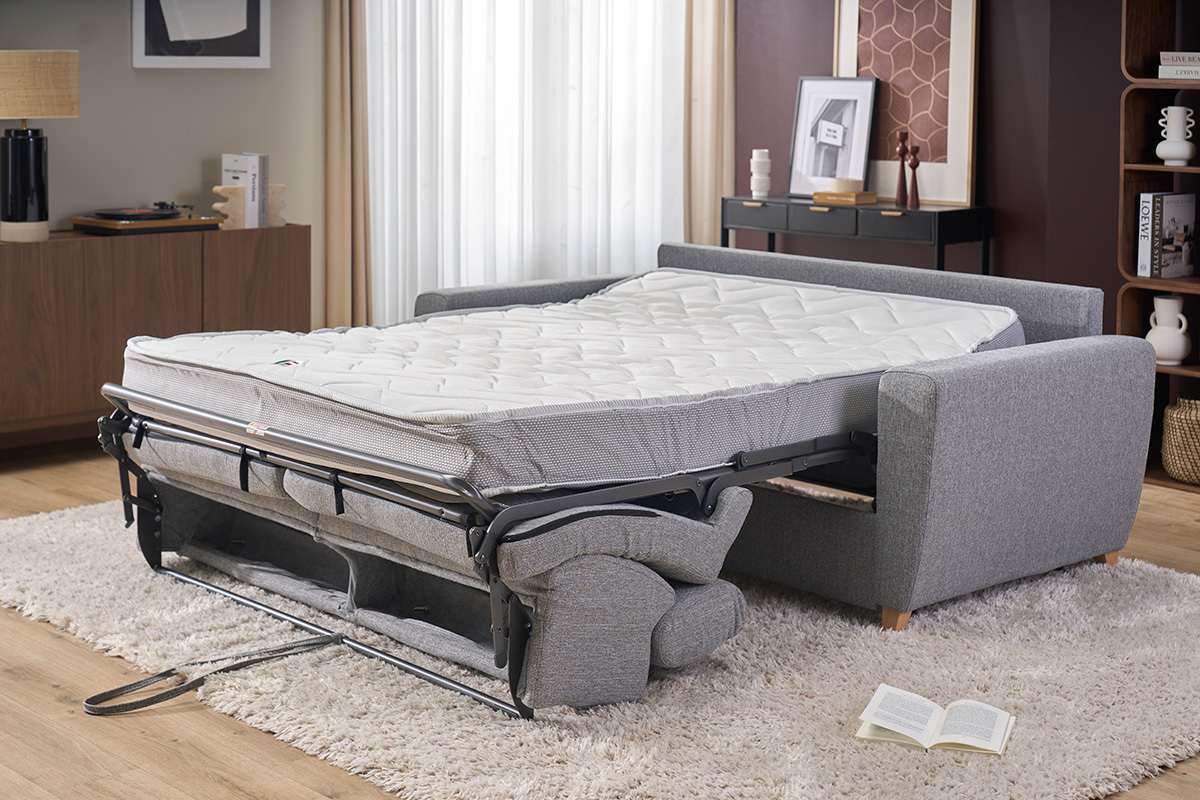 Divano letto 3 posti GOYA, aperto con materasso da 18 cm, in tessuto grigio, vista laterale