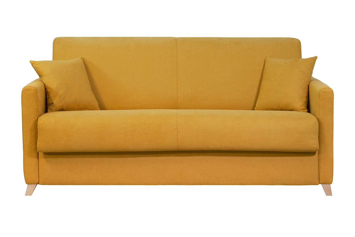 Divano letto 3 posti effetto velluto giallo senape con materasso 12 cm SKANDY