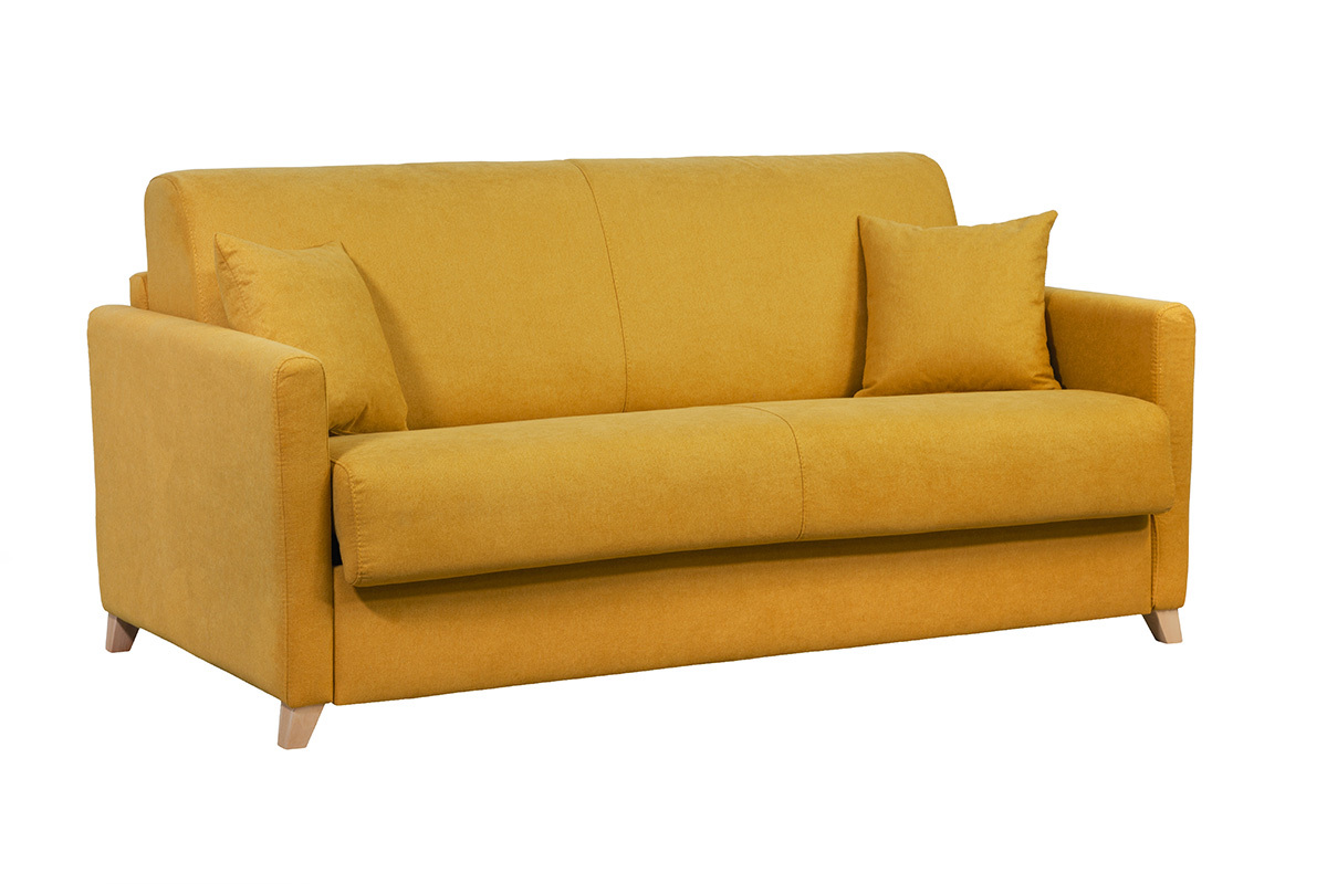 Divano letto 3 posti effetto velluto giallo senape con materasso 12 cm SKANDY