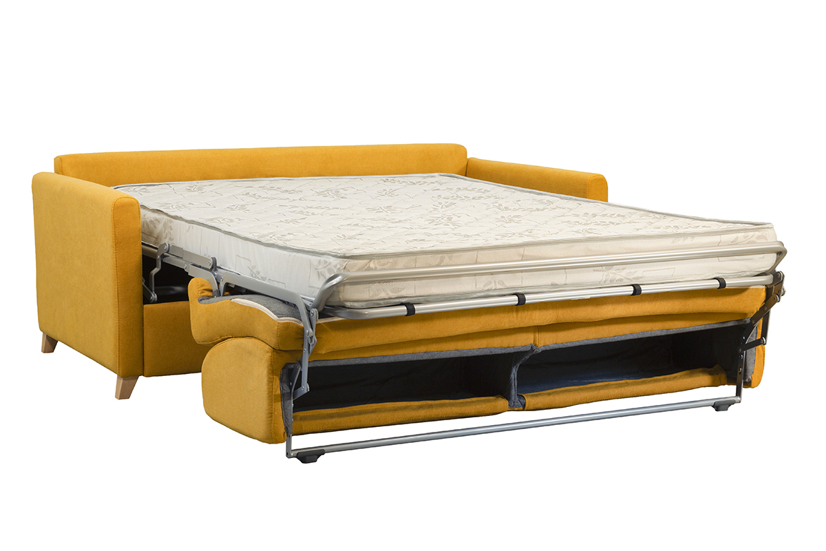 Divano letto 3 posti effetto velluto giallo senape con materasso 12 cm SKANDY
