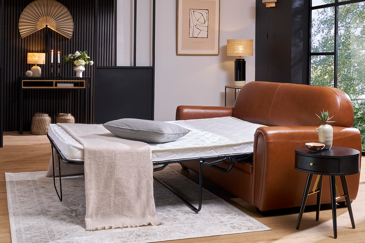 Divano letto 3 posti in pelle marrone CLUB