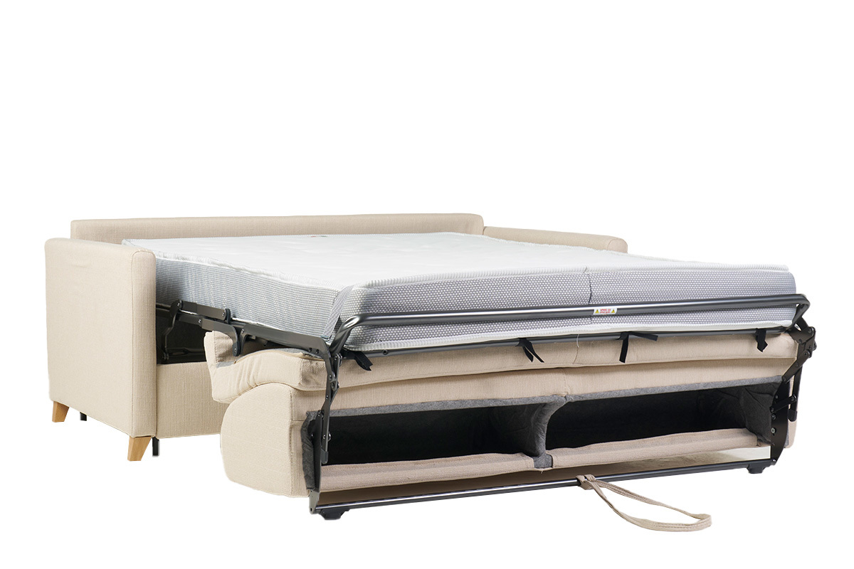 Divano letto 3 posti in tessuto beige e legno chiaro con materasso 18 cm SKANDY